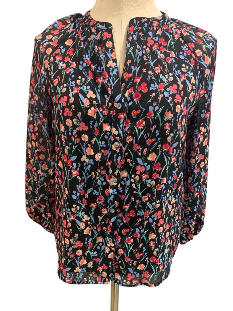 Size XXS J.Crew Womens Floral Raglan Button Up Blouse Black BA750