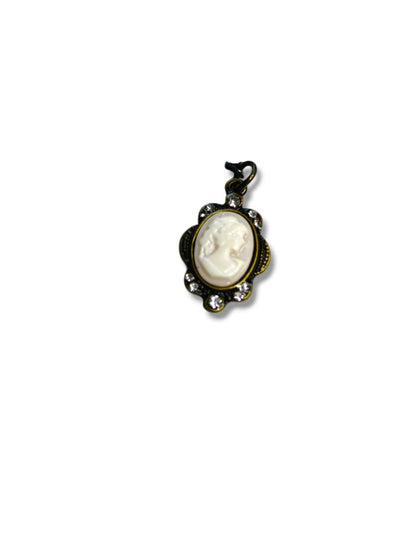 Cameo Pendant Charm Antiqued Goldtone White Rhinestones 1"