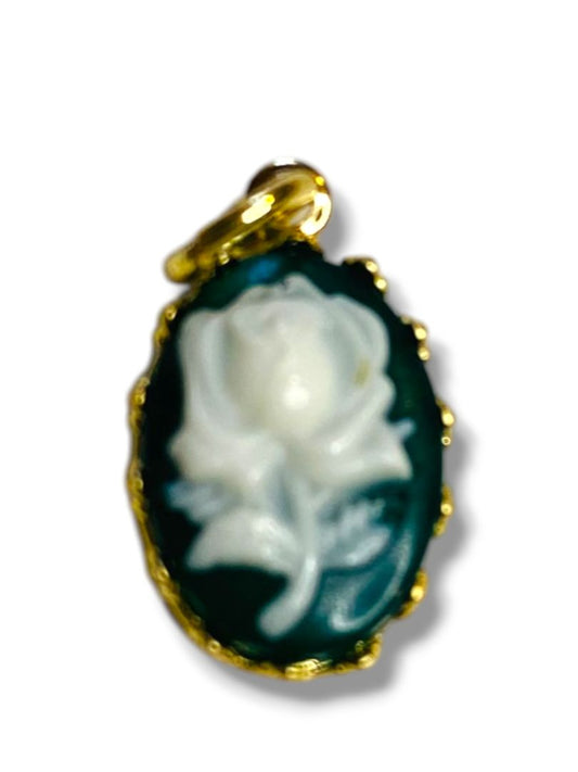 Cameo Rose Pendant Charm .6" Black White Delicate Goldtone Setting