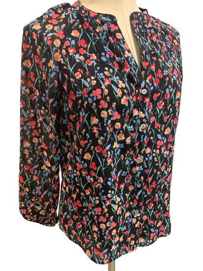 Size XXS J.Crew Womens Floral Raglan Button Up Blouse Black BA750