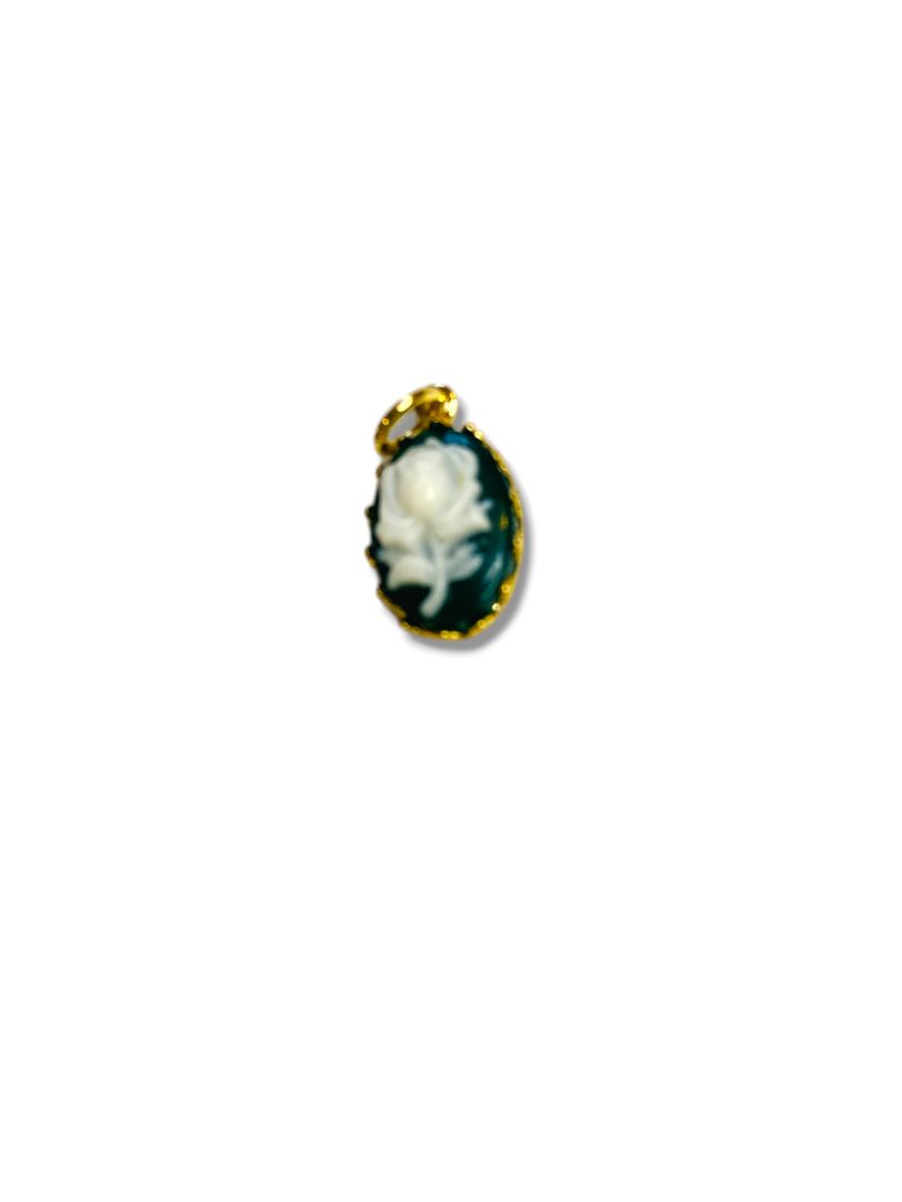 Cameo Rose Pendant Charm .6" Black White Delicate Goldtone Setting