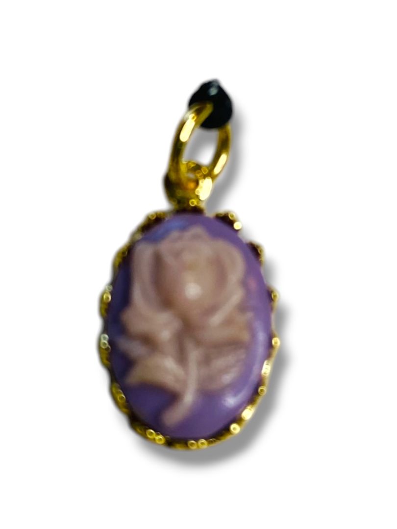 Cameo Rose Pendant Charm .6" Lavender Purple Pink Goldtone Setting