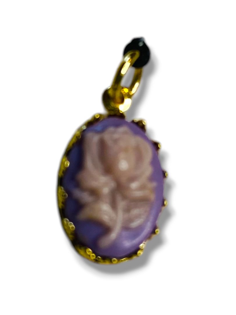 Cameo Rose Pendant Charm .6" Lavender Purple Pink Goldtone Setting