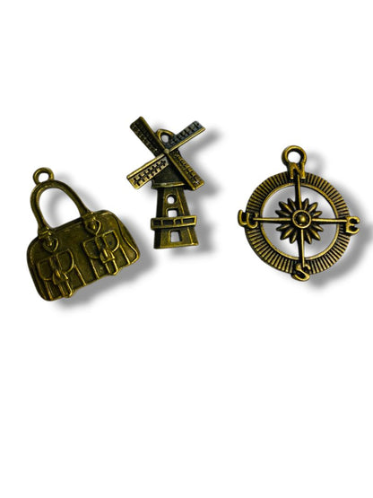 Set of 3 Brass Color Pendant Charms Windmill Purse Compass 1"