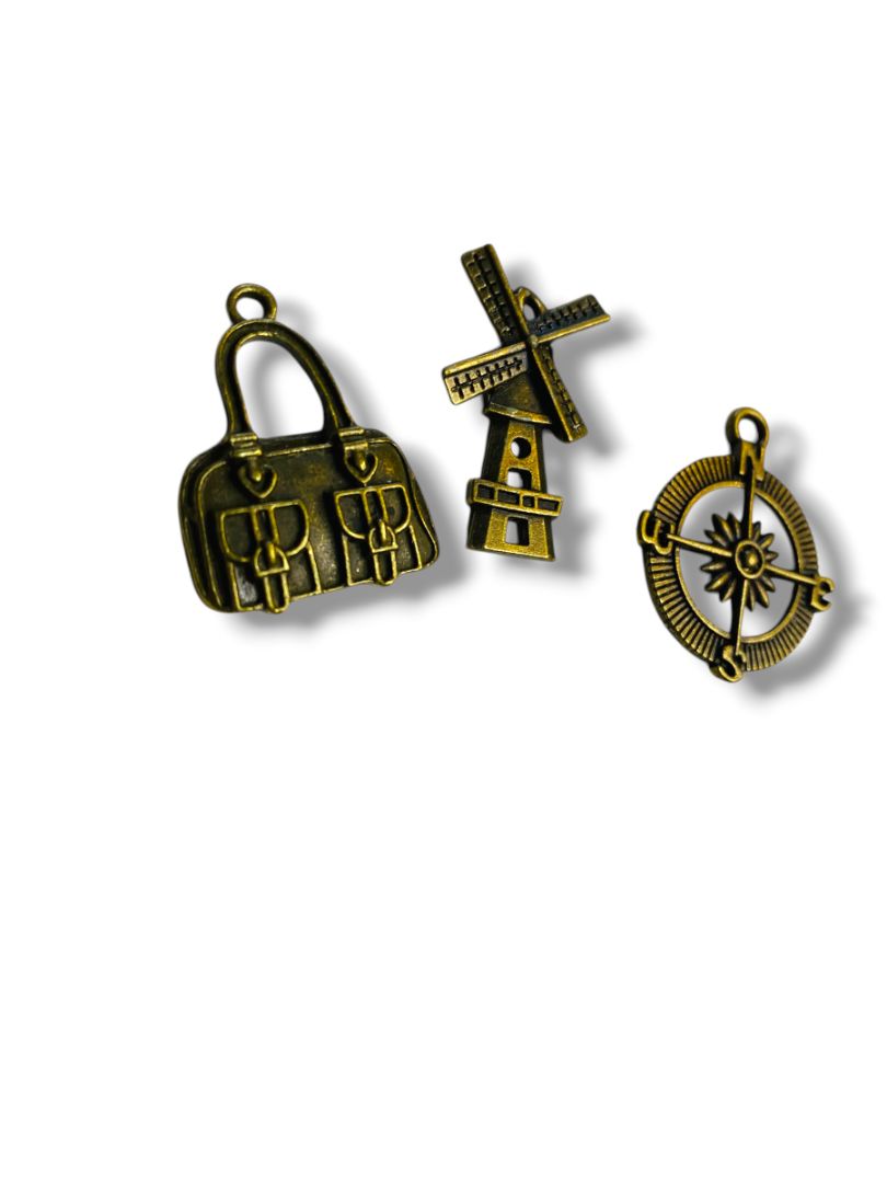 Set of 3 Brass Color Pendant Charms Windmill Purse Compass 1"