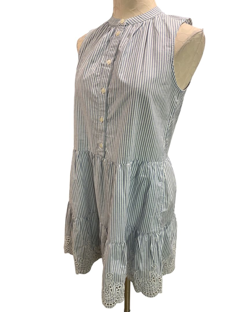 Size XS Petite Gap Womens Blue White Striped Cotton Dress Pockets Eyelet Hem