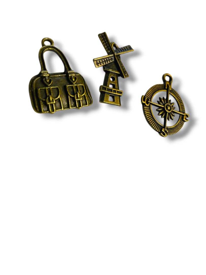 Set of 3 Brass Color Pendant Charms Windmill Purse Compass 1"