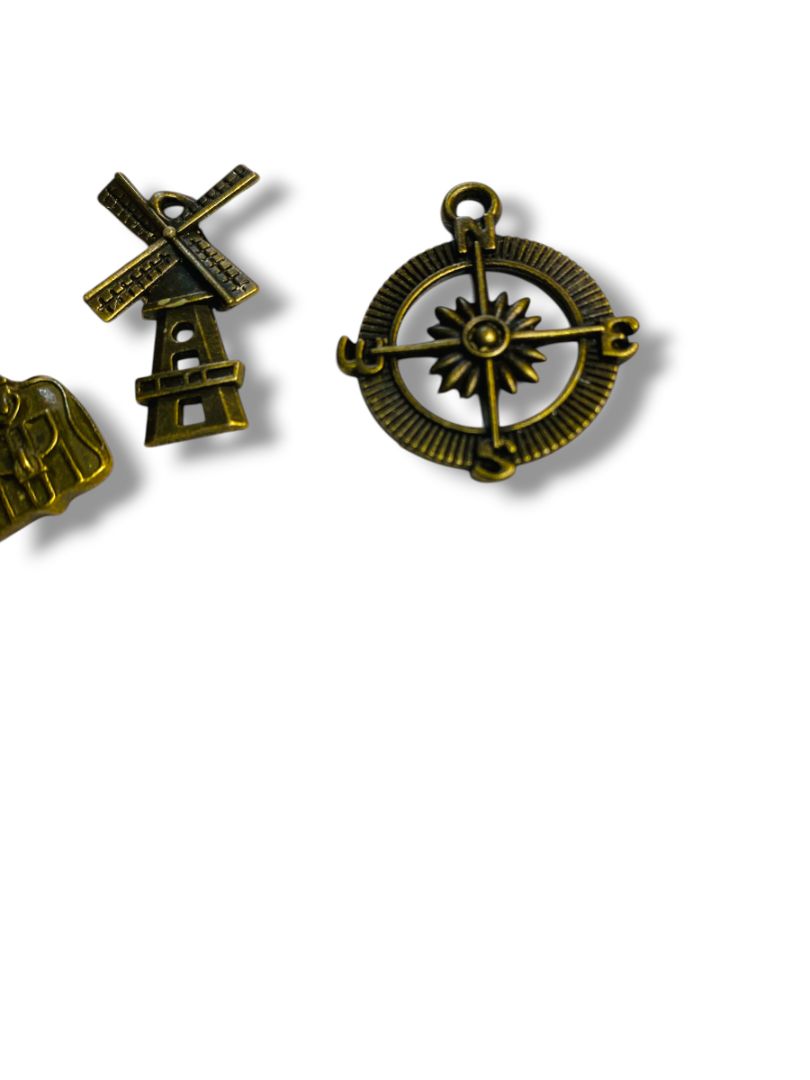 Set of 3 Brass Color Pendant Charms Windmill Purse Compass 1"
