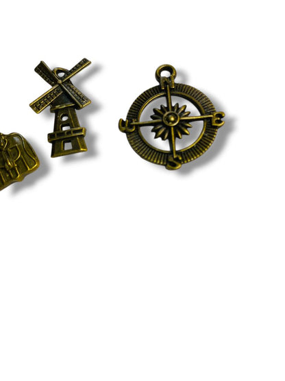 Set of 3 Brass Color Pendant Charms Windmill Purse Compass 1"