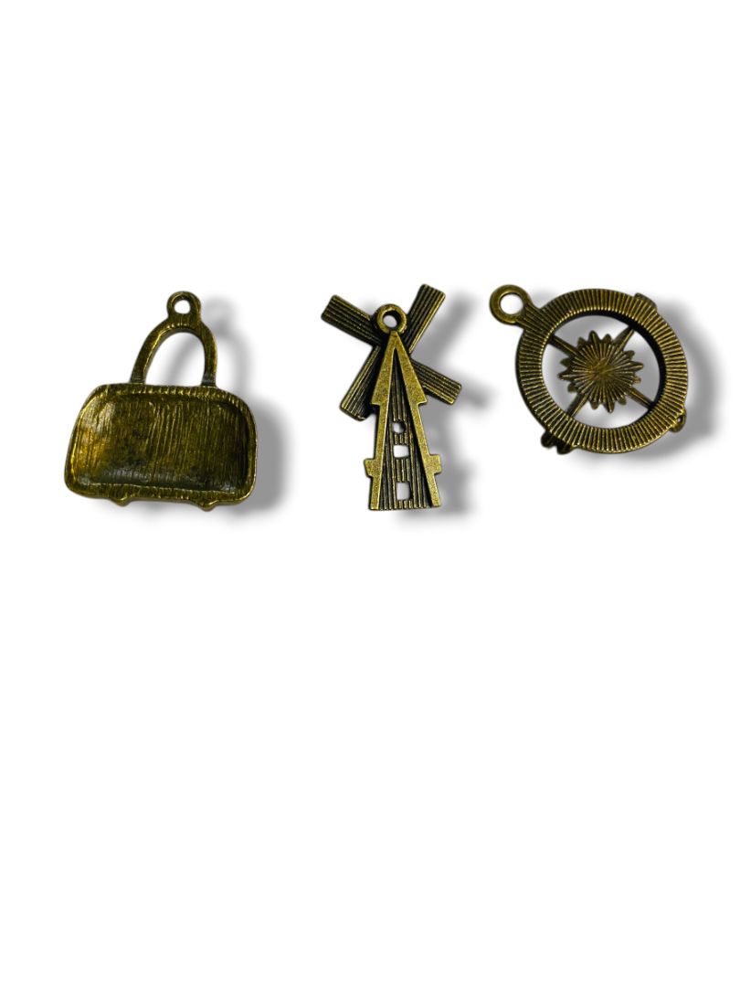 Set of 3 Brass Color Pendant Charms Windmill Purse Compass 1"
