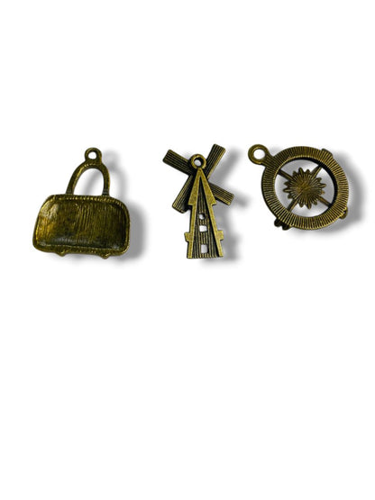 Set of 3 Brass Color Pendant Charms Windmill Purse Compass 1"
