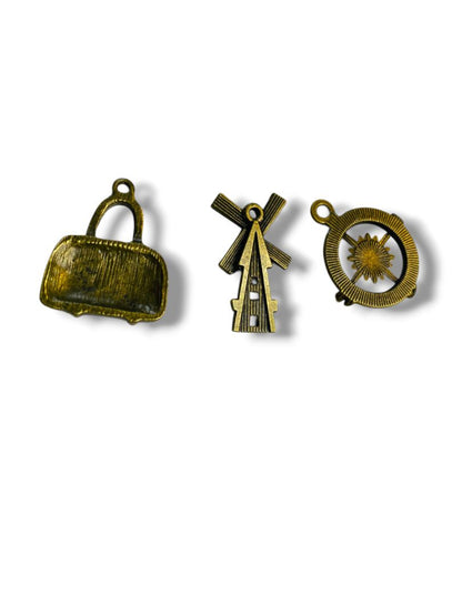 Set of 3 Brass Color Pendant Charms Windmill Purse Compass 1"