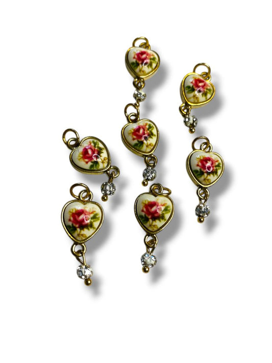 Lot of 7 Jewelry Pendant Charms Heart Rose Crystal Goldtone 1" Dangle