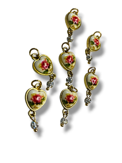 Lot of 7 Jewelry Pendant Charms Heart Rose Crystal Goldtone 1" Dangle