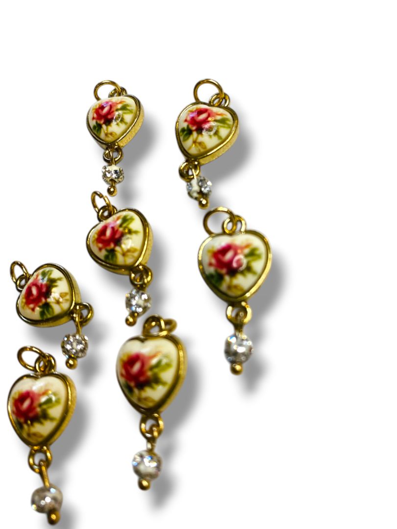 Lot of 7 Jewelry Pendant Charms Heart Rose Crystal Goldtone 1" Dangle