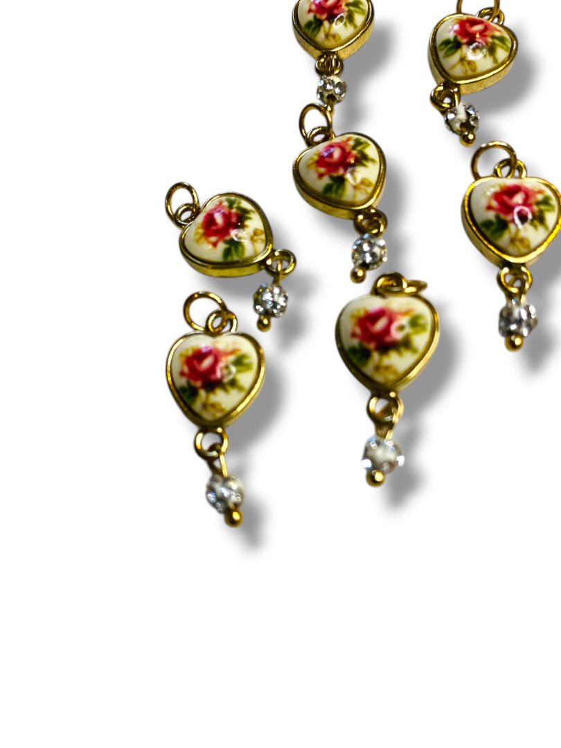 Lot of 7 Jewelry Pendant Charms Heart Rose Crystal Goldtone 1" Dangle