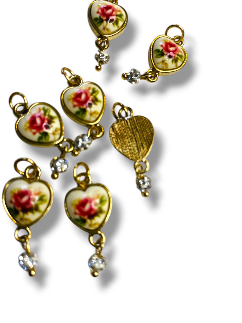 Lot of 7 Jewelry Pendant Charms Heart Rose Crystal Goldtone 1" Dangle