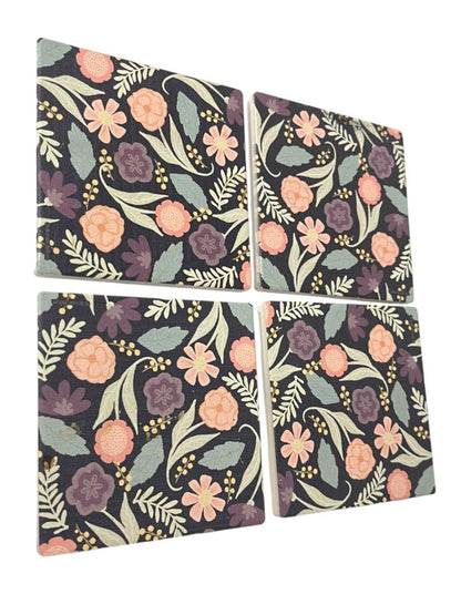Thirstystone Set of 4 Tile Drink Coasters Floral Boho 4.25" Square