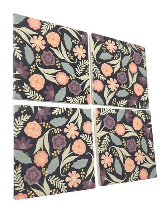 Thirstystone Set of 4 Tile Drink Coasters Floral Boho 4.25" Square