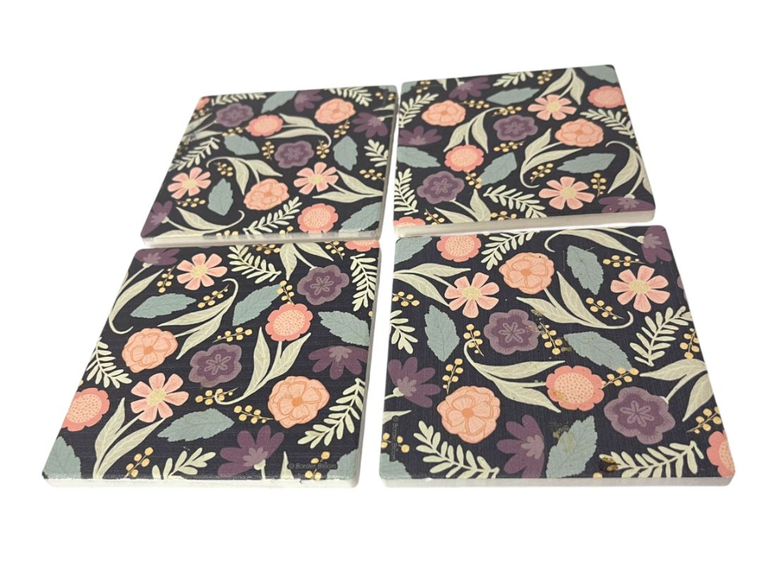 Thirstystone Set of 4 Tile Drink Coasters Floral Boho 4.25" Square