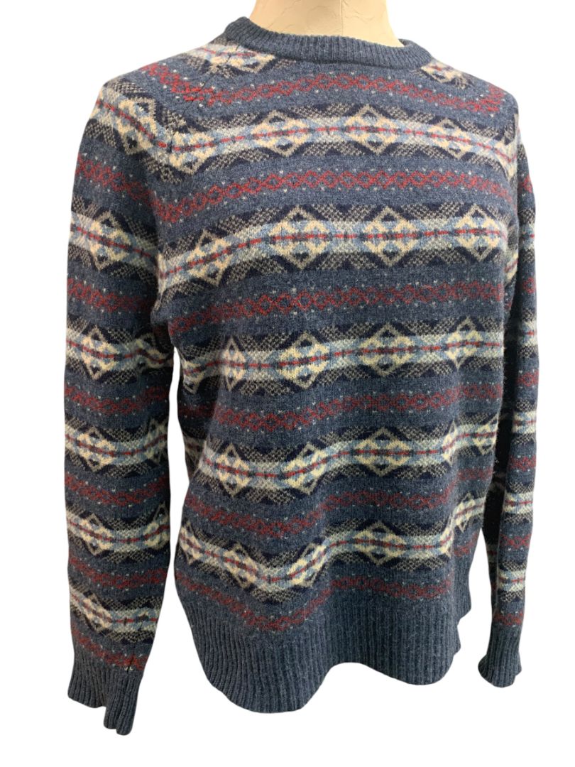 Medium J.Crew Mens Lambs Wool Fair Isle Winter Sweater Blue E3670