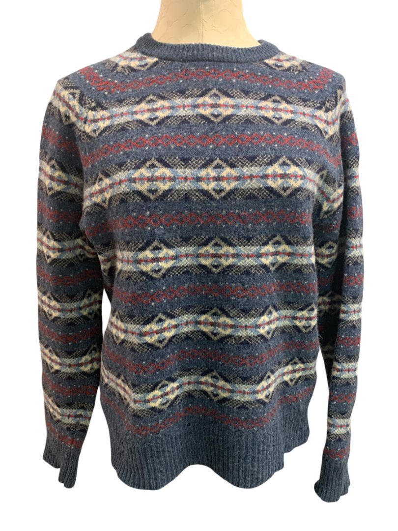 Medium J.Crew Mens Lambs Wool Fair Isle Winter Sweater Blue E3670