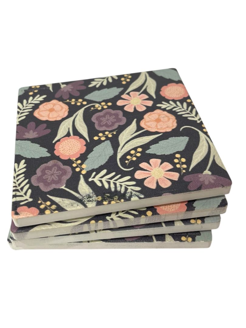 Thirstystone Set of 4 Tile Drink Coasters Floral Boho 4.25" Square