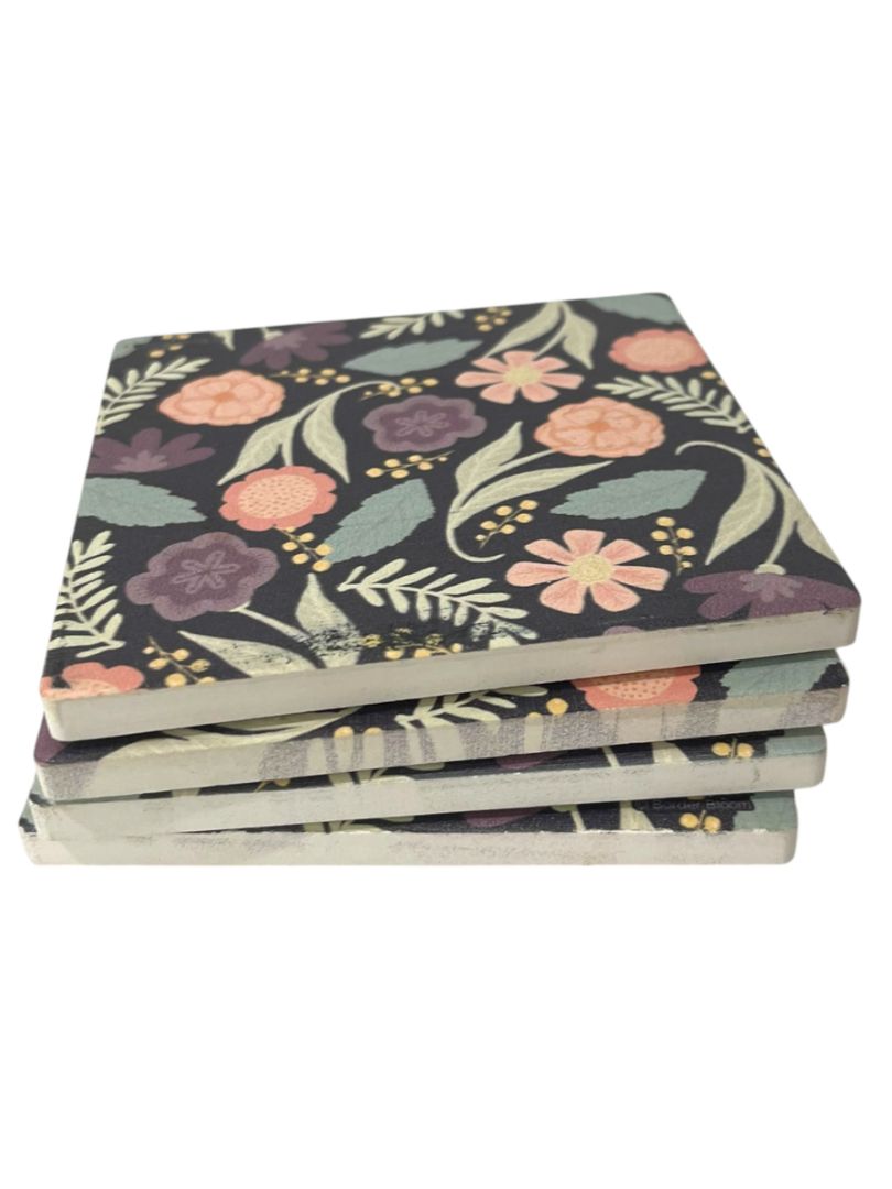 Thirstystone Set of 4 Tile Drink Coasters Floral Boho 4.25" Square
