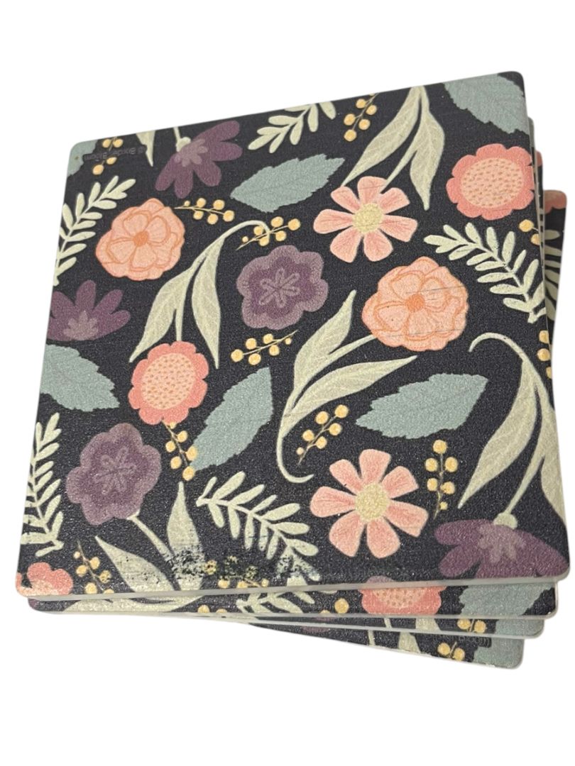 Thirstystone Set of 4 Tile Drink Coasters Floral Boho 4.25" Square
