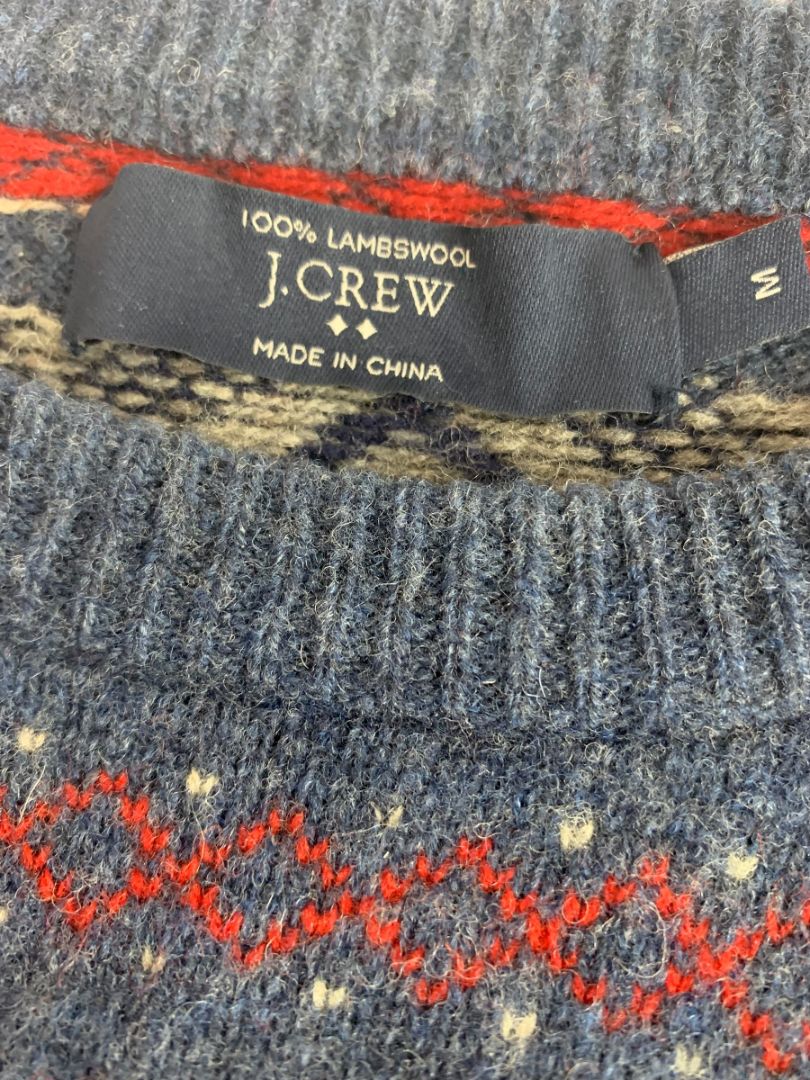 Medium J.Crew Mens Lambs Wool Fair Isle Winter Sweater Blue E3670