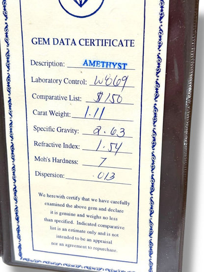 Amethyst 1.11 Carat Weight with Gem Data Certificate Folder