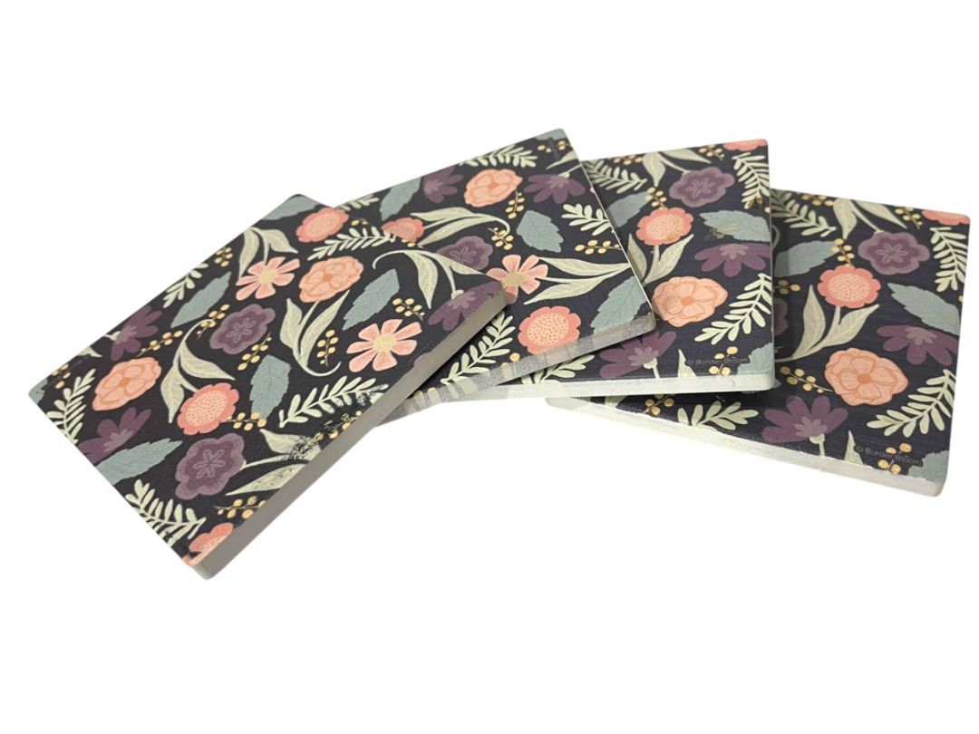 Thirstystone Set of 4 Tile Drink Coasters Floral Boho 4.25" Square