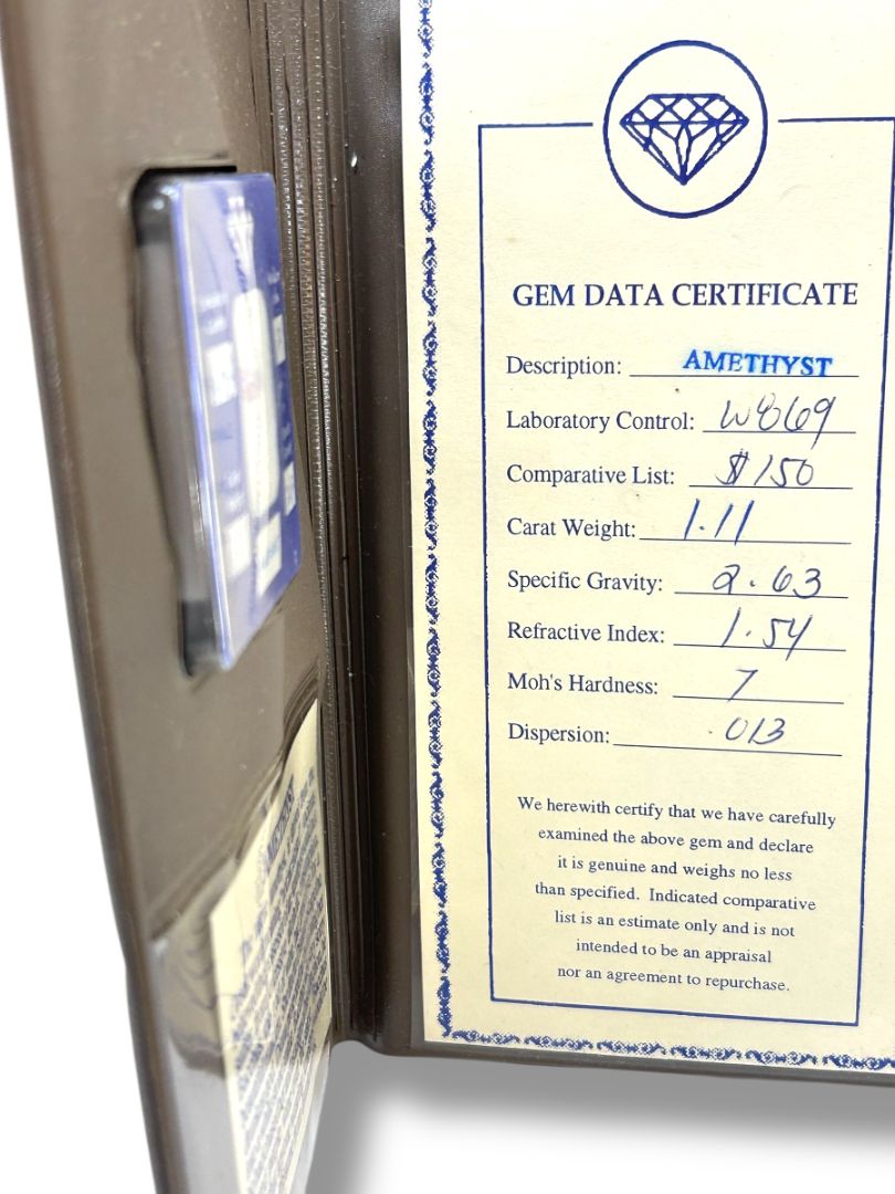 Amethyst 1.11 Carat Weight with Gem Data Certificate Folder