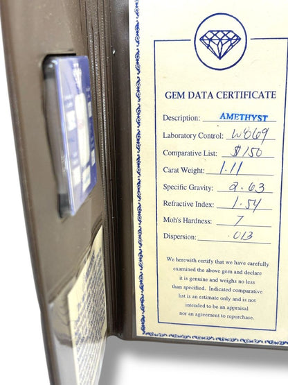 Amethyst 1.11 Carat Weight with Gem Data Certificate Folder