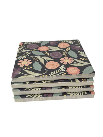 Thirstystone Set of 4 Tile Drink Coasters Floral Boho 4.25" Square