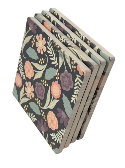 Thirstystone Set of 4 Tile Drink Coasters Floral Boho 4.25" Square