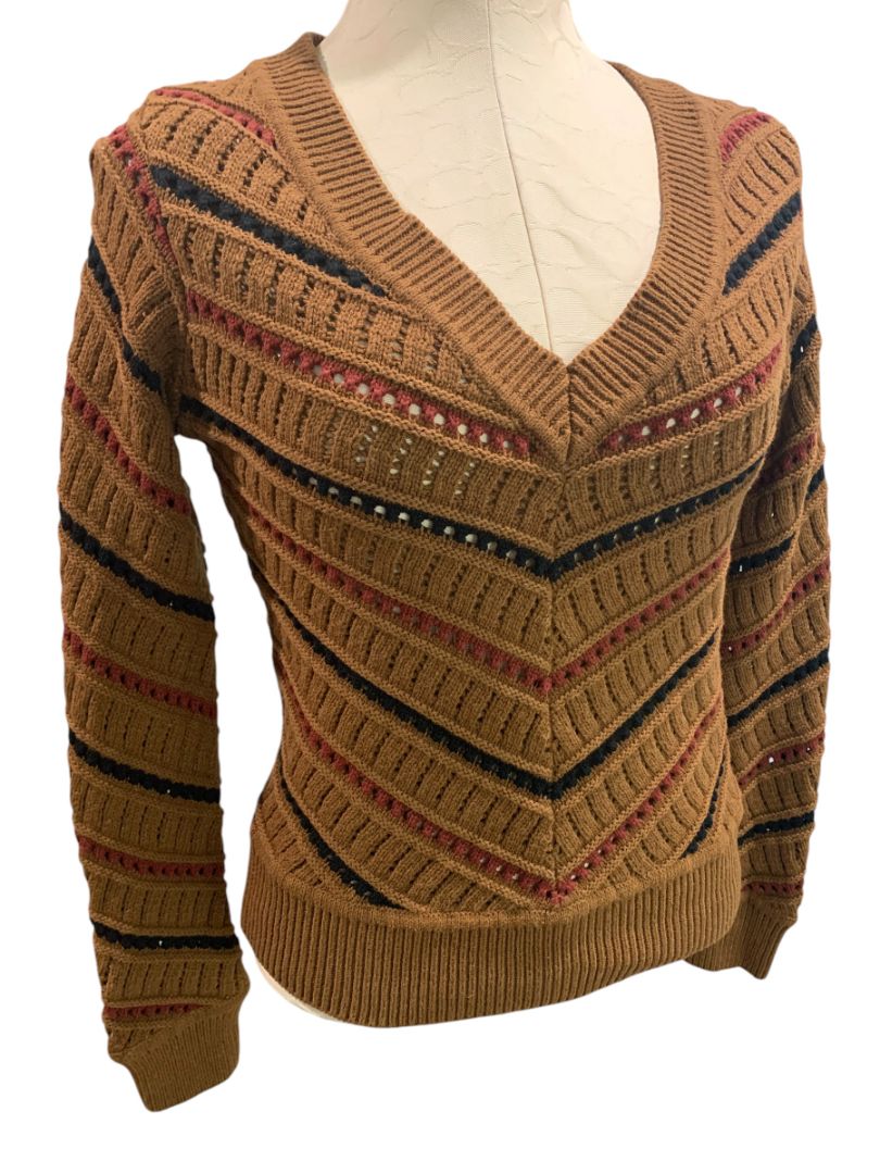 Size XS Evereve Sawyer Chevron Womens Sweater Brown Mulitcolor V-neck