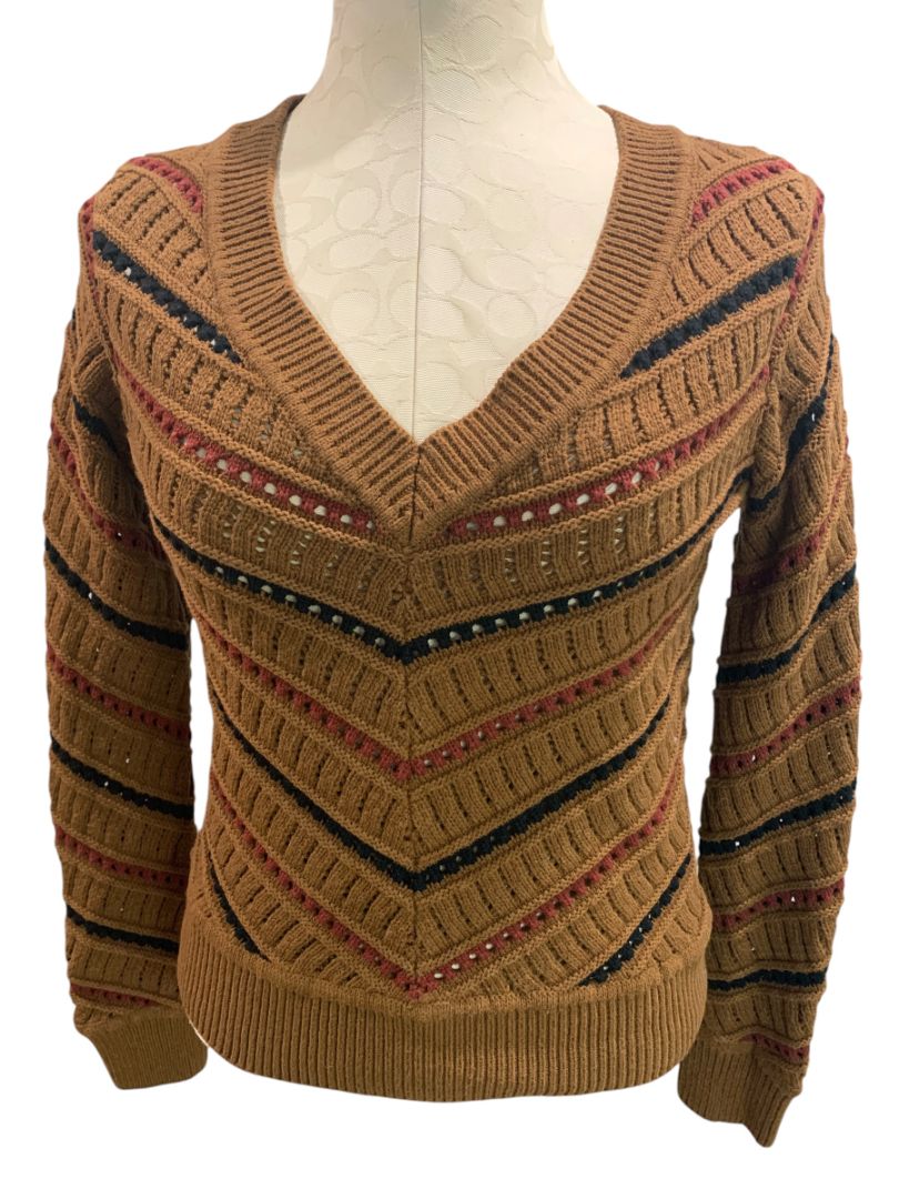 Size XS Evereve Sawyer Chevron Womens Sweater Brown Mulitcolor V-neck