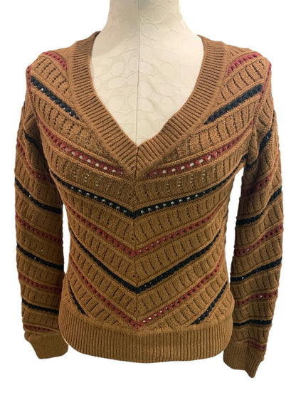 Size XS Evereve Sawyer Chevron Womens Sweater Brown Mulitcolor V-neck