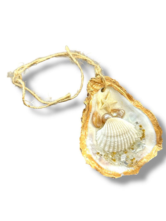 Beach Theme Oyster Shell Embellished Ornament 3.25" Goldtone Trim