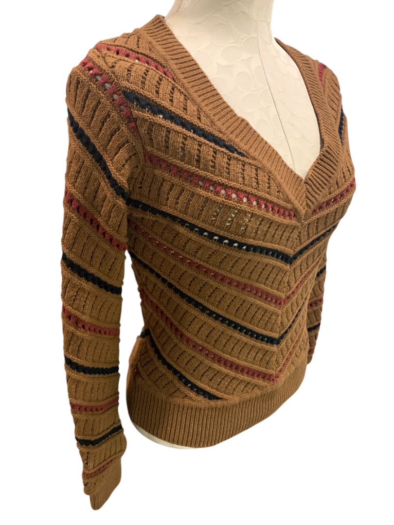 Size XS Evereve Sawyer Chevron Womens Sweater Brown Mulitcolor V-neck