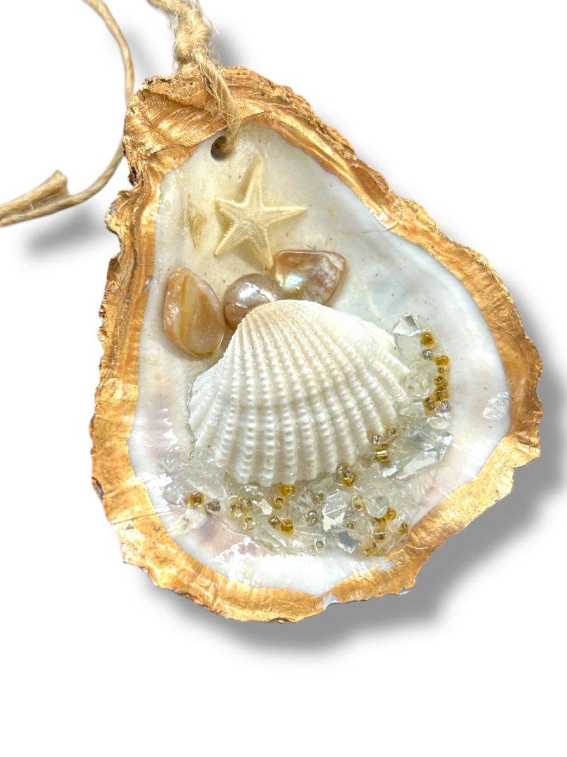 Beach Theme Oyster Shell Embellished Ornament 3.25" Goldtone Trim