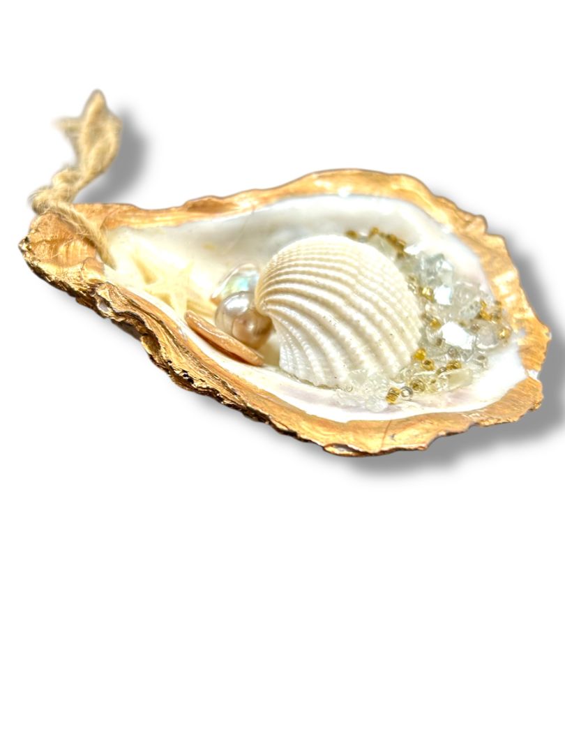 Beach Theme Oyster Shell Embellished Ornament 3.25" Goldtone Trim
