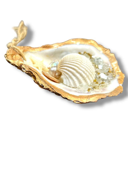 Beach Theme Oyster Shell Embellished Ornament 3.25" Goldtone Trim