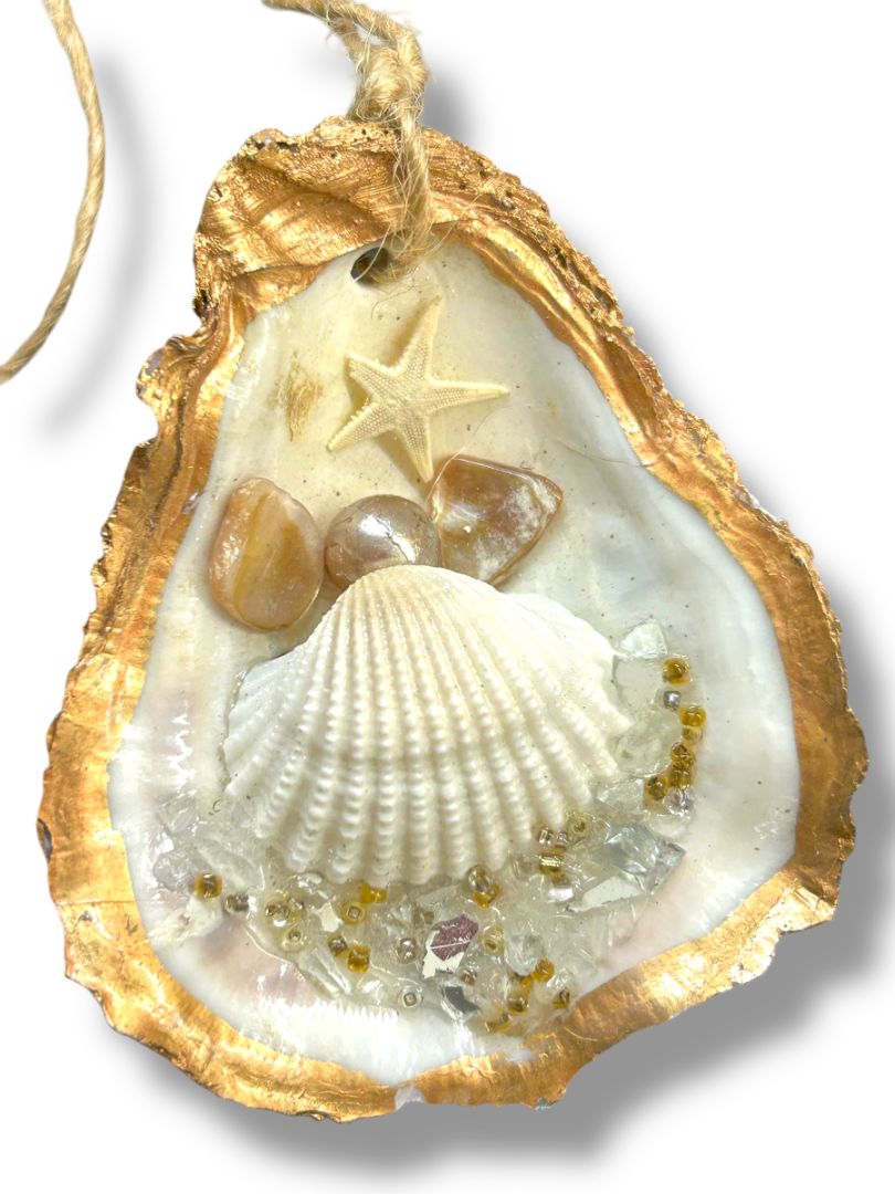 Beach Theme Oyster Shell Embellished Ornament 3.25" Goldtone Trim