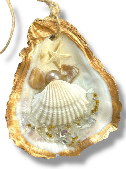 Beach Theme Oyster Shell Embellished Ornament 3.25" Goldtone Trim