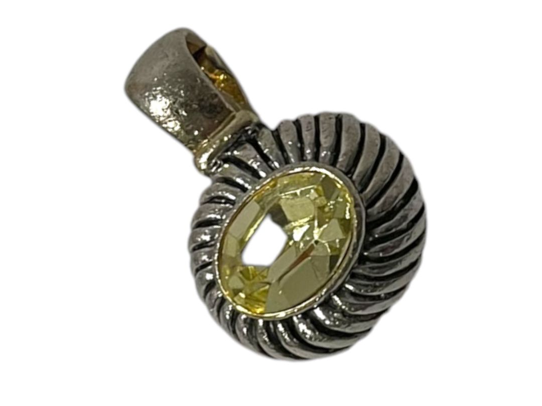 Silvertone Yellow Jewel Pendant Magnetic Closure 1.25"