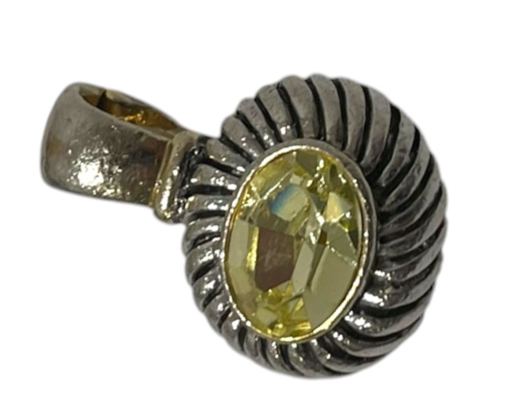 Silvertone Yellow Jewel Pendant Magnetic Closure 1.25"