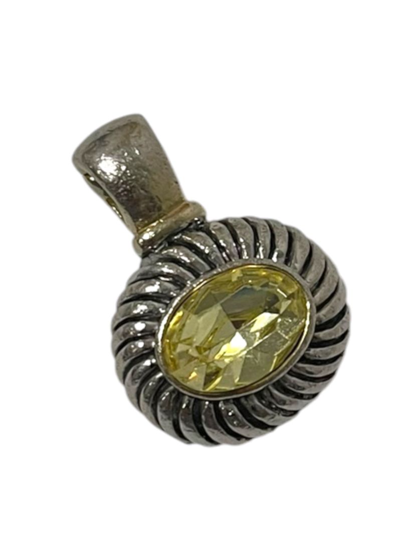 Silvertone Yellow Jewel Pendant Magnetic Closure 1.25"