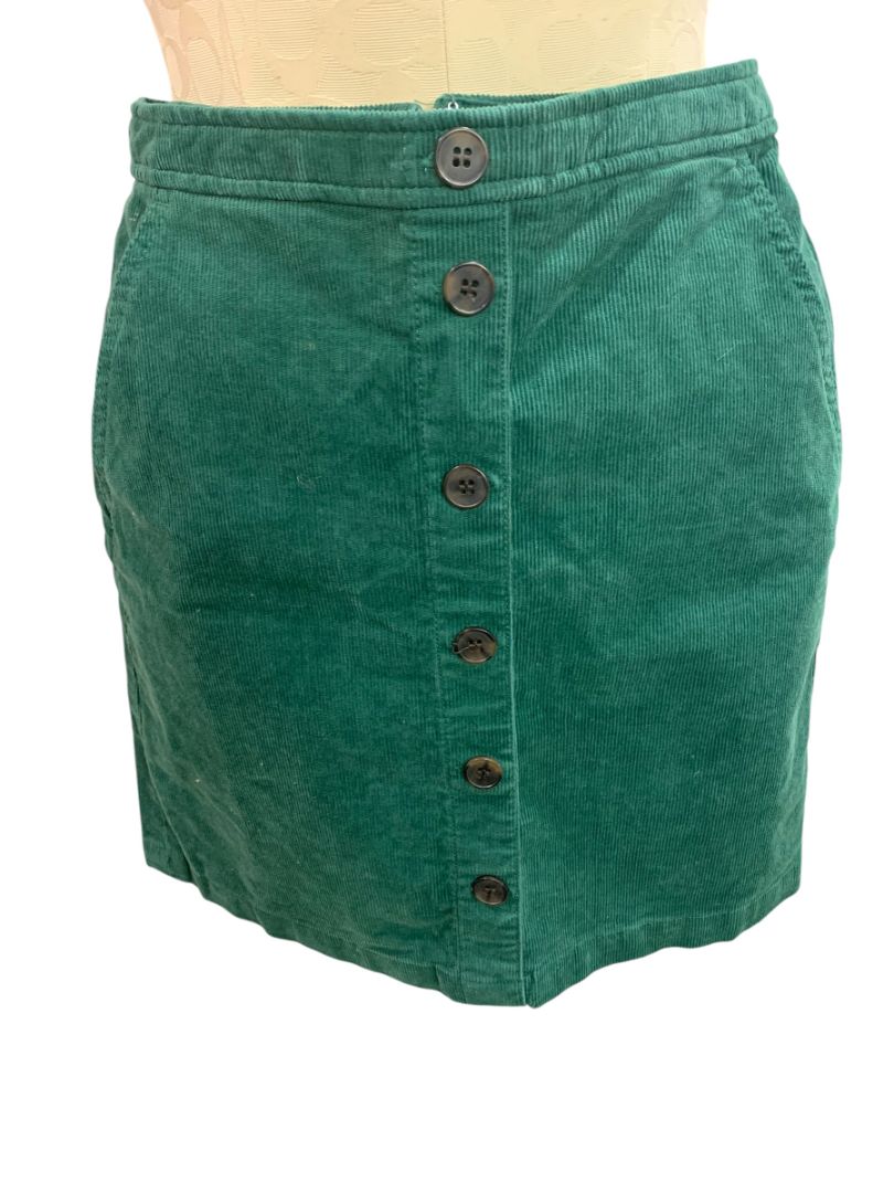 Size 00 J.Crew Button Front Green Corduroy Mini Skirt Pockets BA838